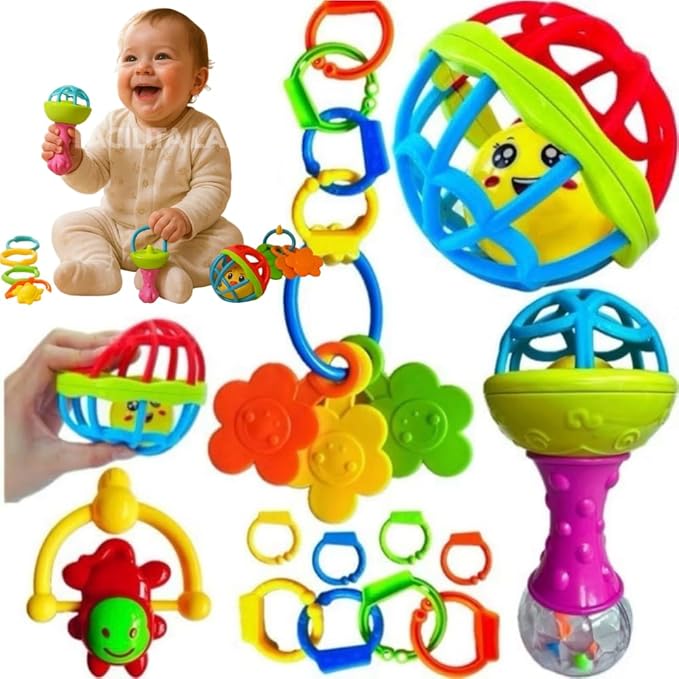 Kit Chocalho para Bebê 8 Peças - Brinquedo Educativo e Mordedor